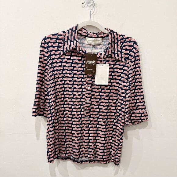 NWT La Prestic Ouiston Love Kiss Henley Polo Shirt Blue/Pink Women's Size 1 / S - Picture 1 of 5